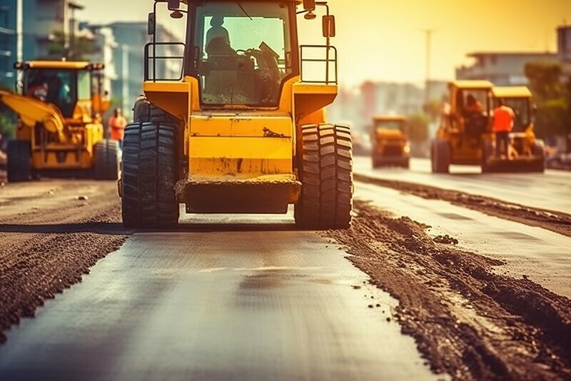 Asphalt paving new highway road, construction gravel base created by generative AI